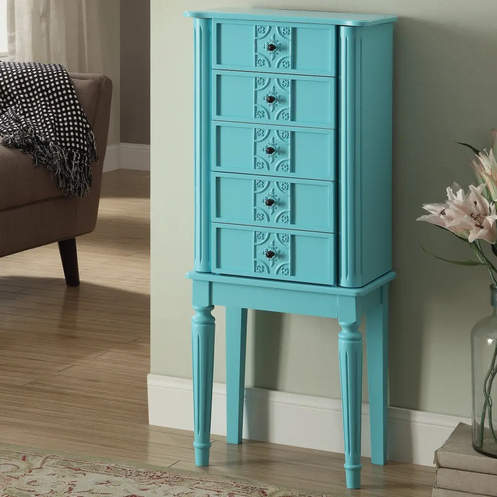 Light Blue 4 Drawer Jewelry Armoire Mirror Bedroom Storage furniture max
