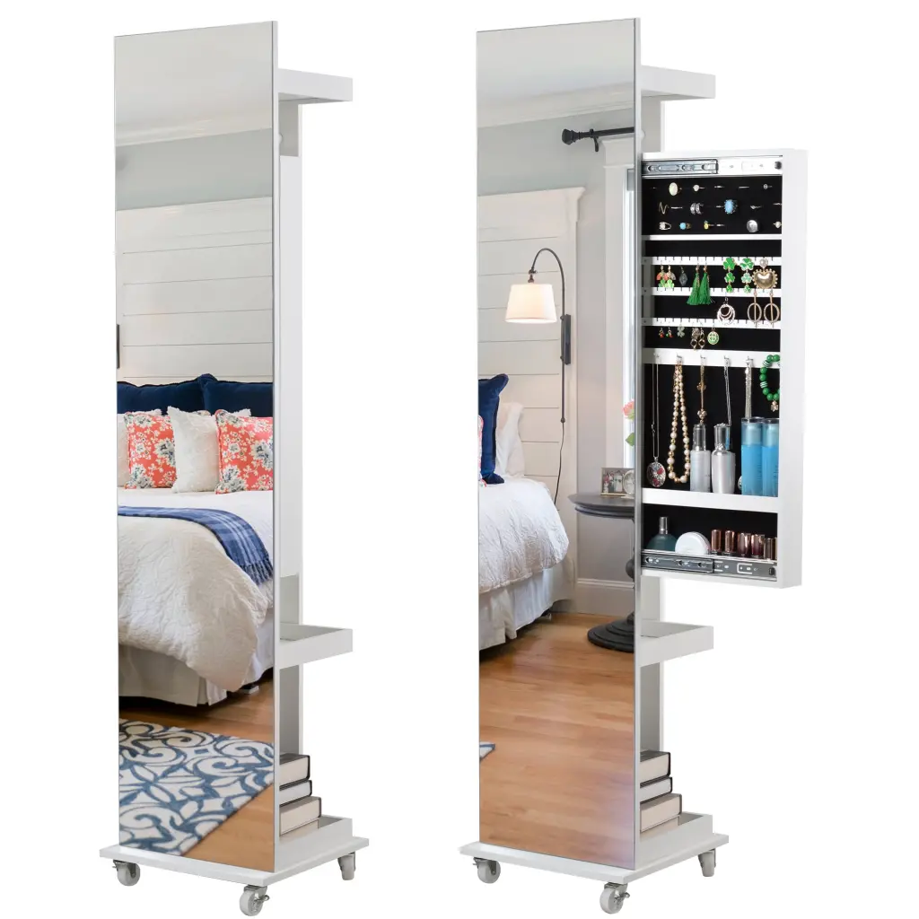 Full Length Swivel Mirror Jewelry Cabinet White MDF haitian