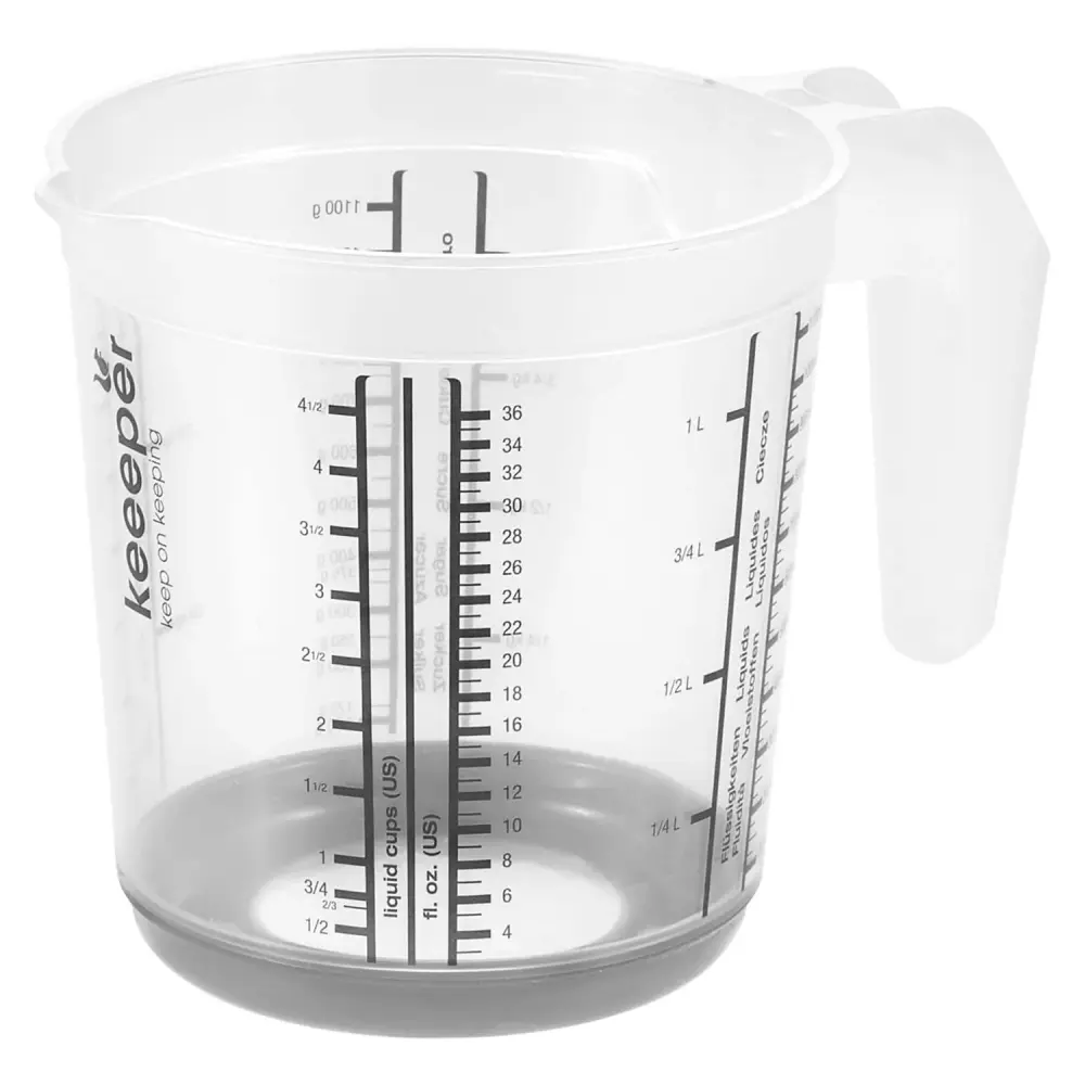 Keeeper Masimmo Measuring Jug Cup 1L Non-Slip Base Contoured Handle Spout Multilingual Cooking Kitchen Clear Grey