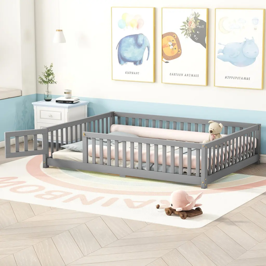 Full Size Floor Bed Safety Guardrails and Door Kids Gray bonwell