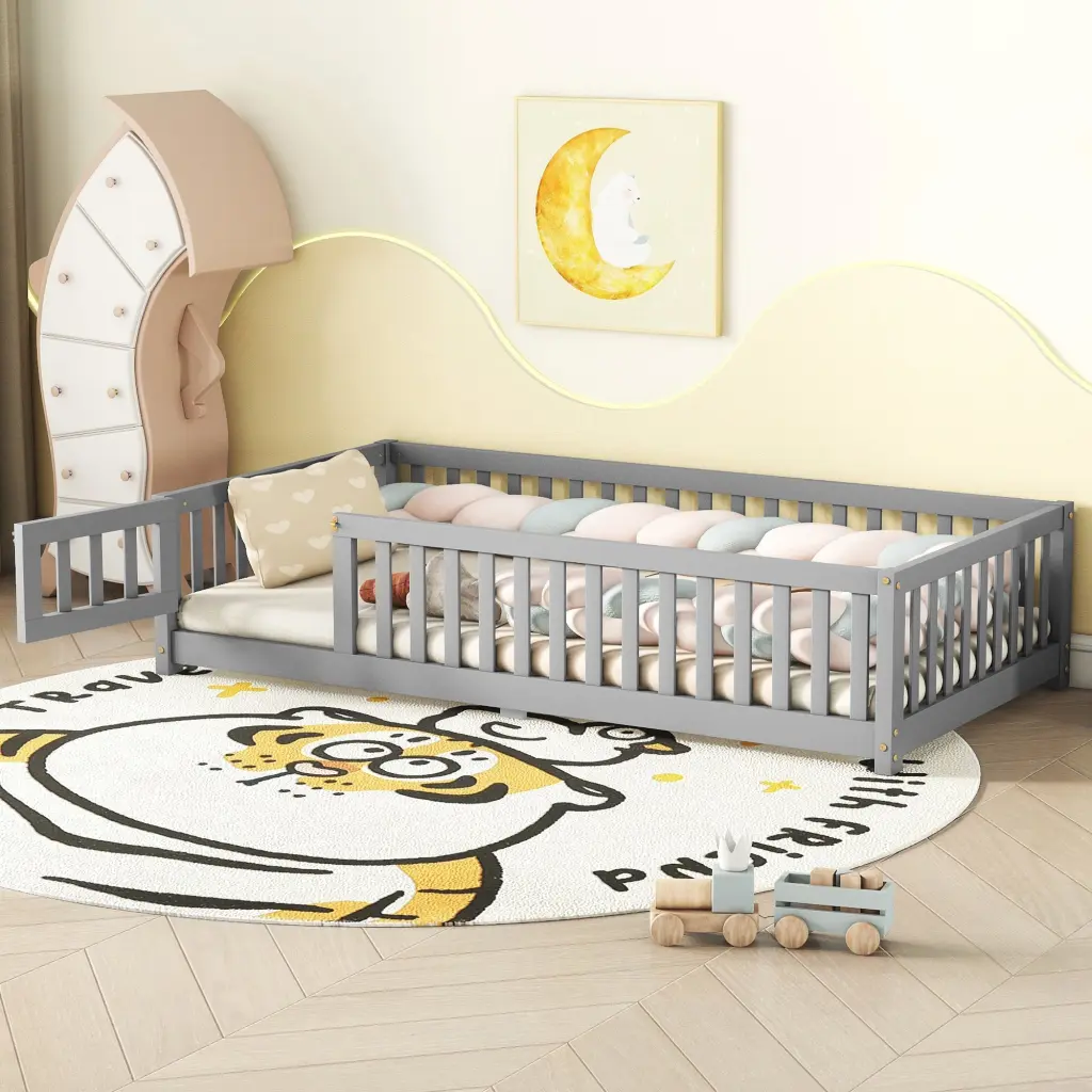 Twin Dimensions Bed Floor Bed Safety Guardrails And Door Kids Gray bonwell