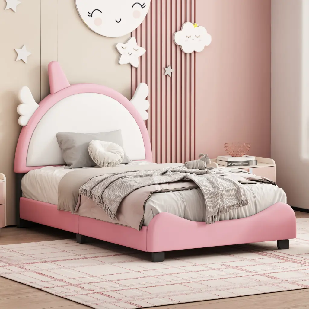 Cute Twin Size Upholstered Bed Unicorn Headboard Kids homey life