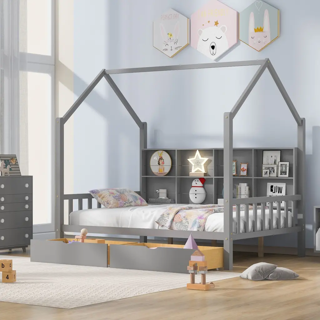 Full Size Wooden Kids Bed 2 Drawers and Storage Shelf homey life