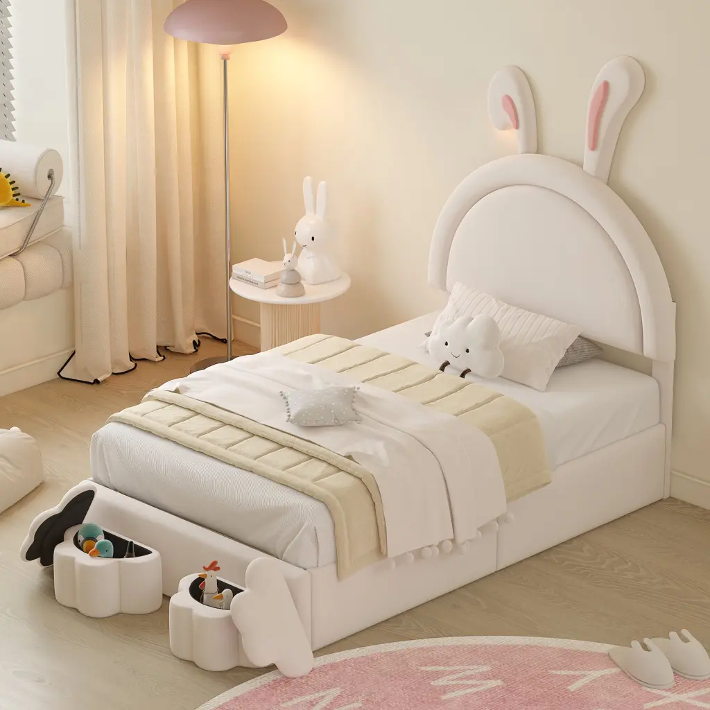 Twin Size Upholstered Rabbit Influence Bed 2 Storage Stools Velvet homey life