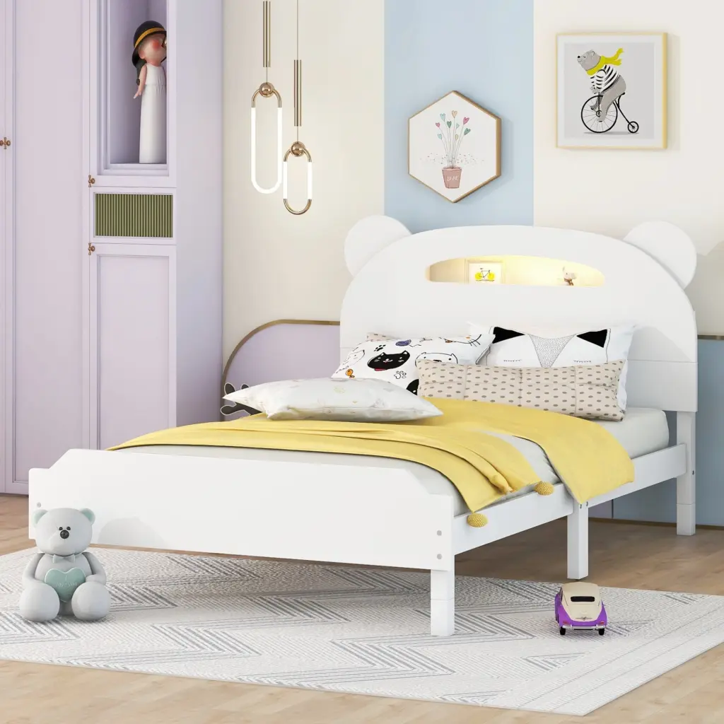 Twin Wood Platform Bed Bear-Inspired Headboard and Motion homey life