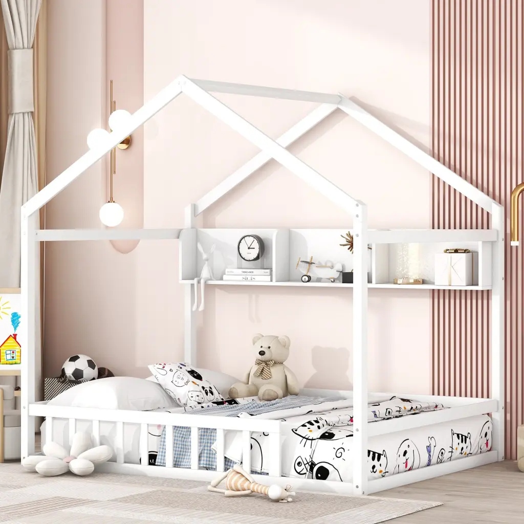 Wooden Full Bed Storage Shelf Kids Bed Fence Guardrails homey life