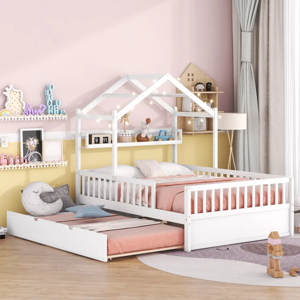 Wooden Full Size Houtilize Bed Twin Trundle and Kids Shelf homey life