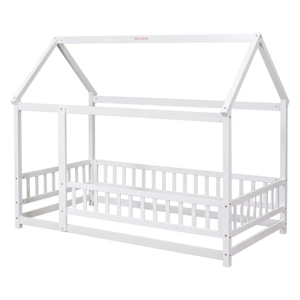 Twin Size Floor Timberen Bed House Roof Frame and Fence Guardrails White inspired spaces