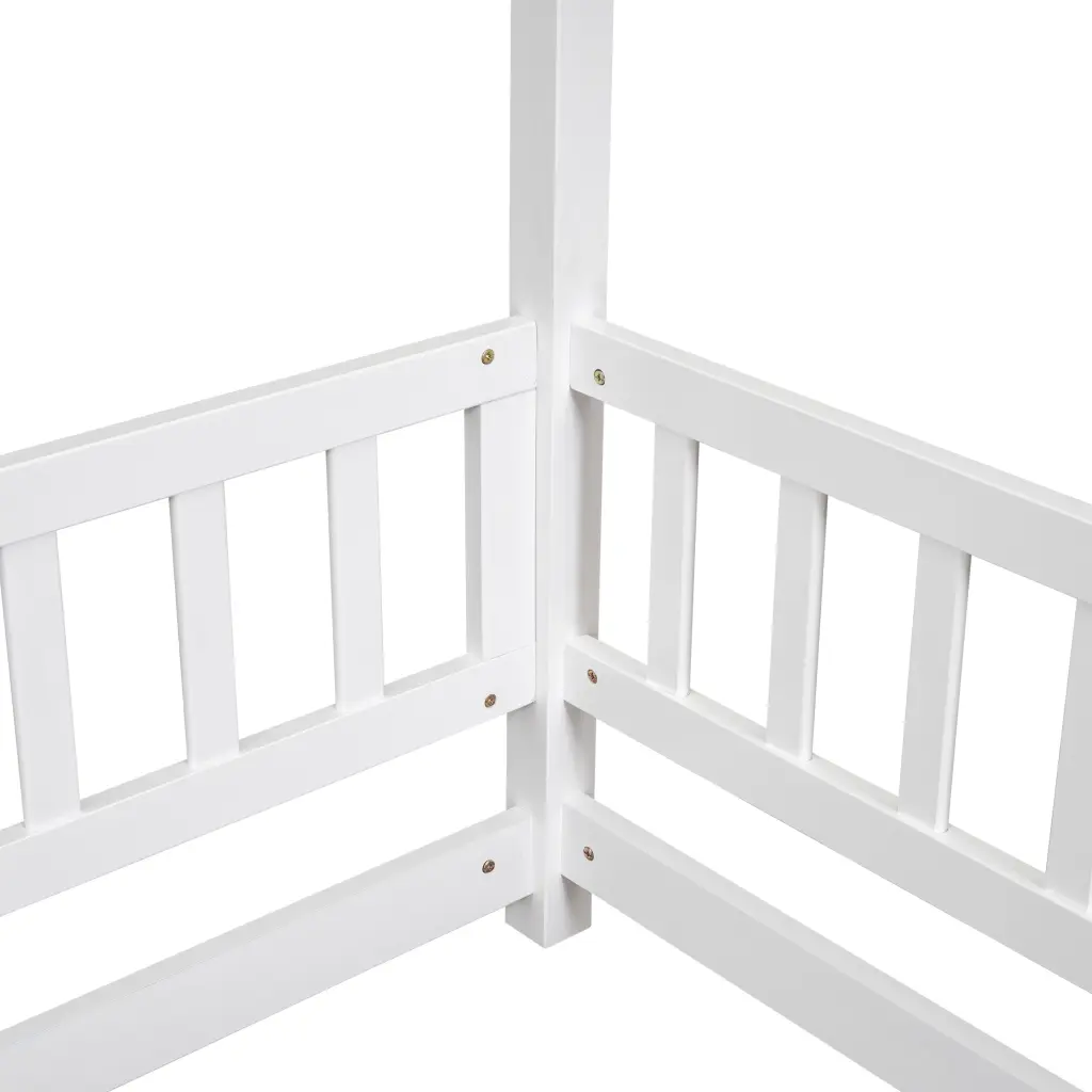 Full Size Floor Timberen Bed House Roof Frame and Fence Guardrails White inspirit