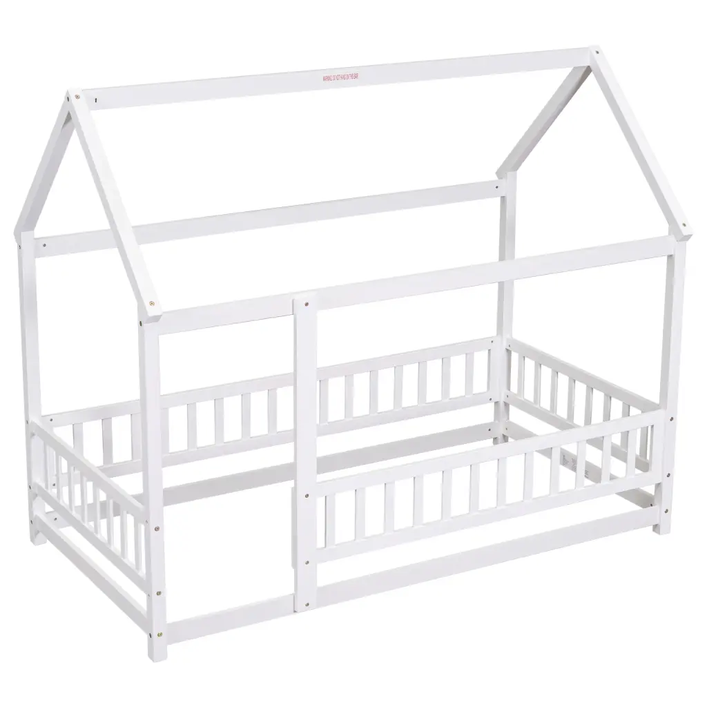 Twin Floor Timber Bed House Roof Frame White Fence Guardrails inspirit