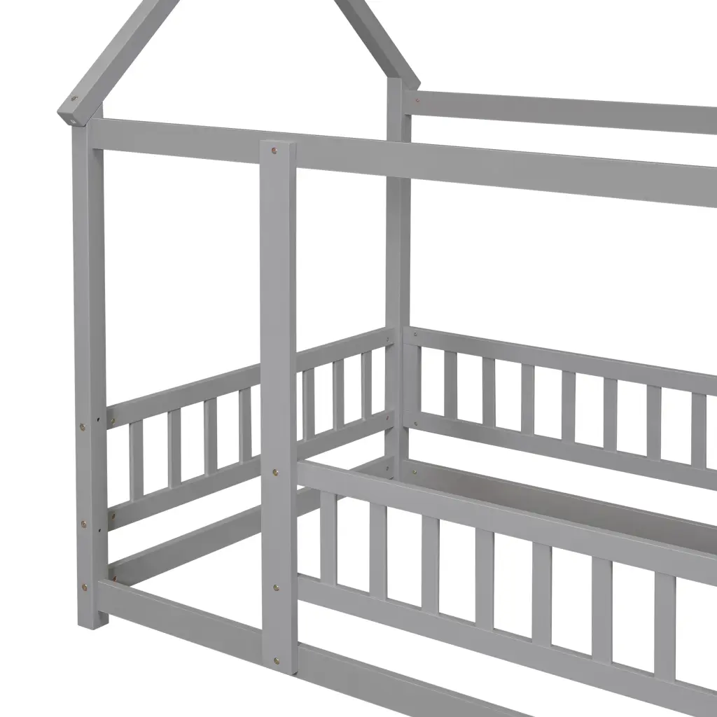 Twin Size Floor Timberen Bed House Roof Frame and Fence Guardrails Green inspirit