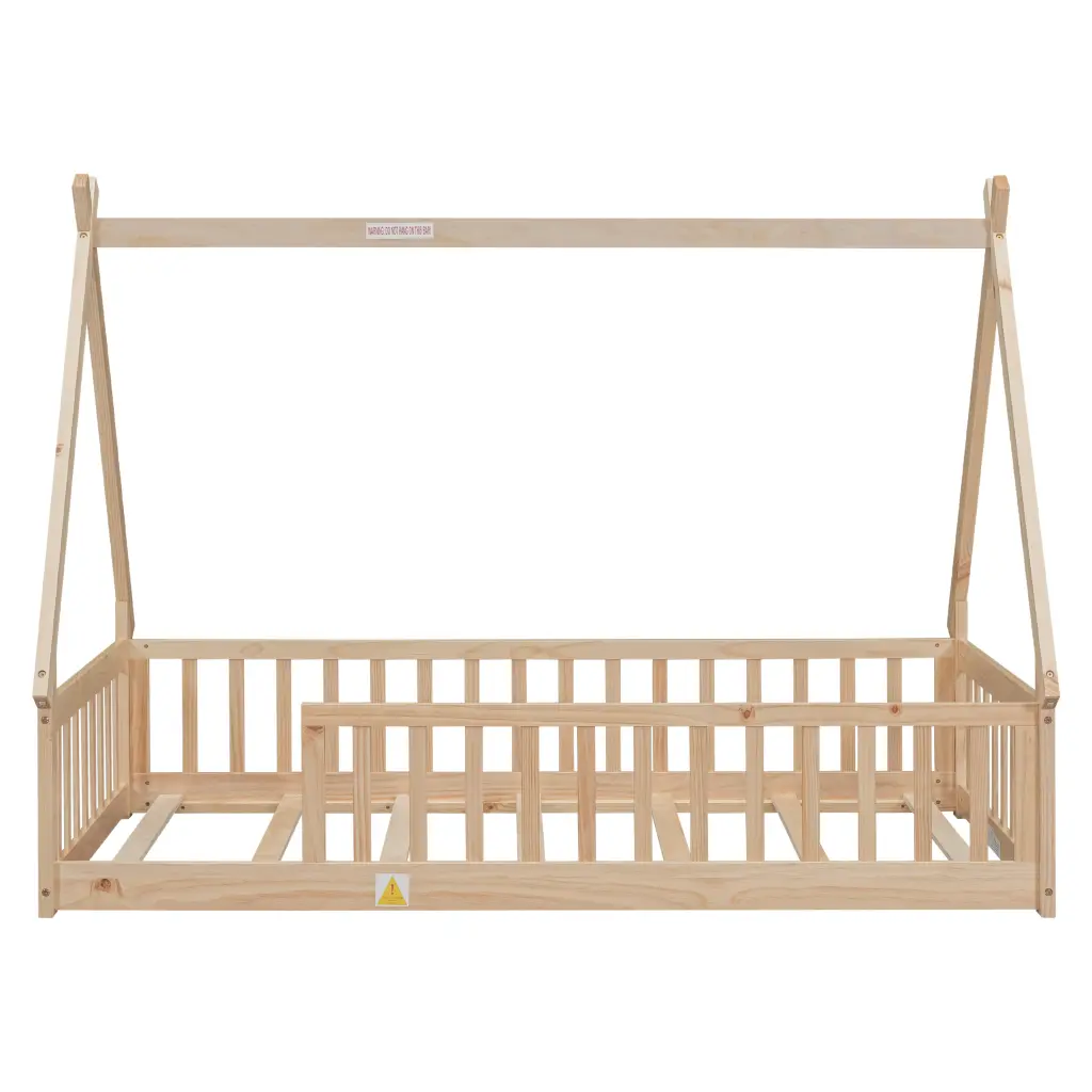Twin Tent Shaped Floor Bed Teepee Bed Guardrails and Slats Natural Wood Finish inspirit