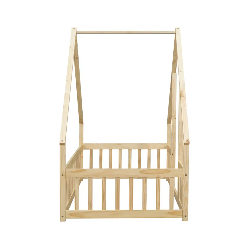 Twin Timber House Shaped Floor Bed Fence Guardrails Natural inspirit