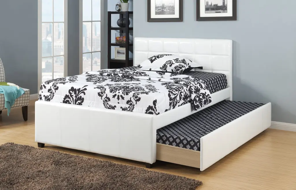 Twin Bed Trundle Slats White Faux Hide Upholstered Plywood Kids Bed kanepe