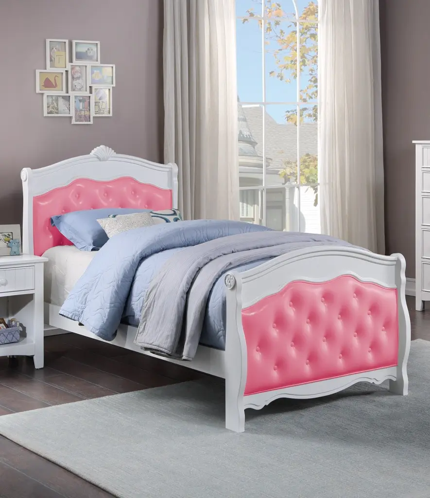 White Twin Youth Bed Pink Faux Leather Headboard Modern Kids Bedroom Decor kanepe