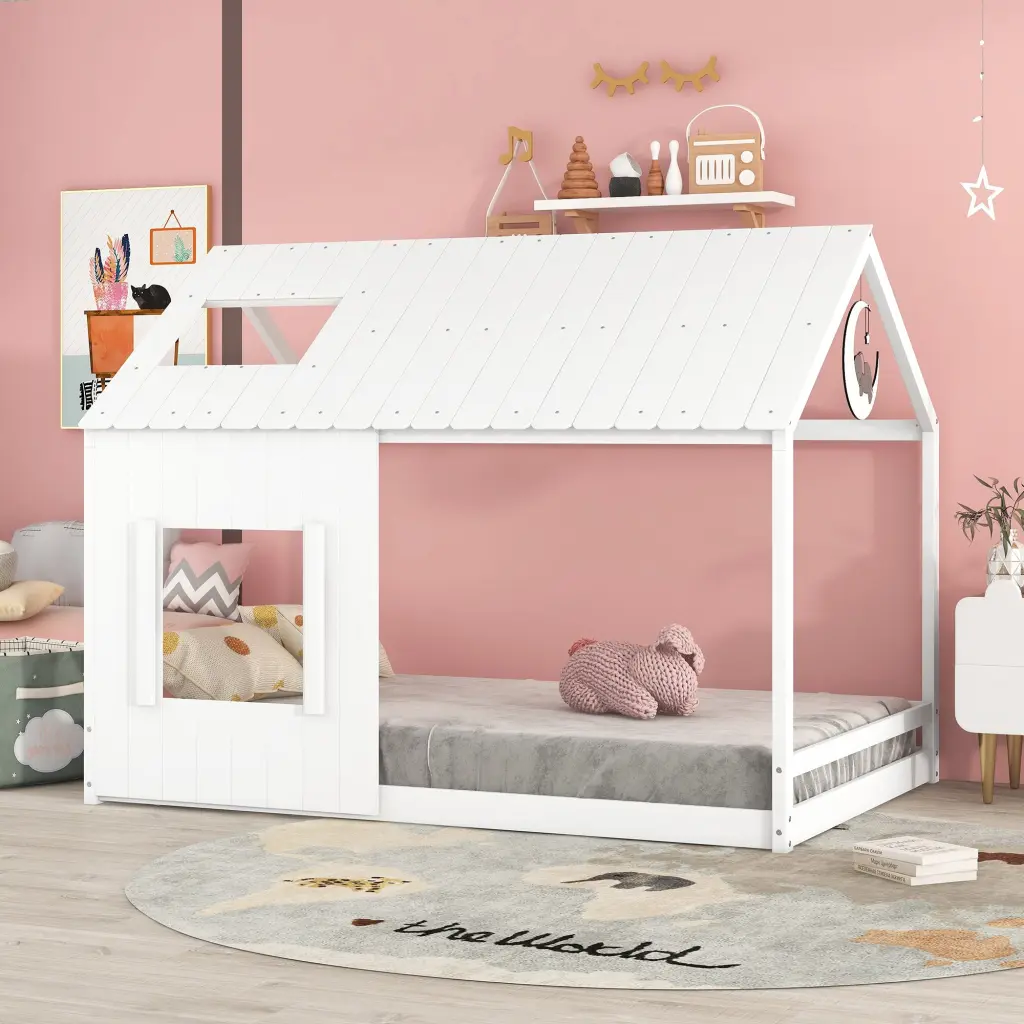 Full House Bed Roof and Window White MDF Kids Play Bed lucky furniture