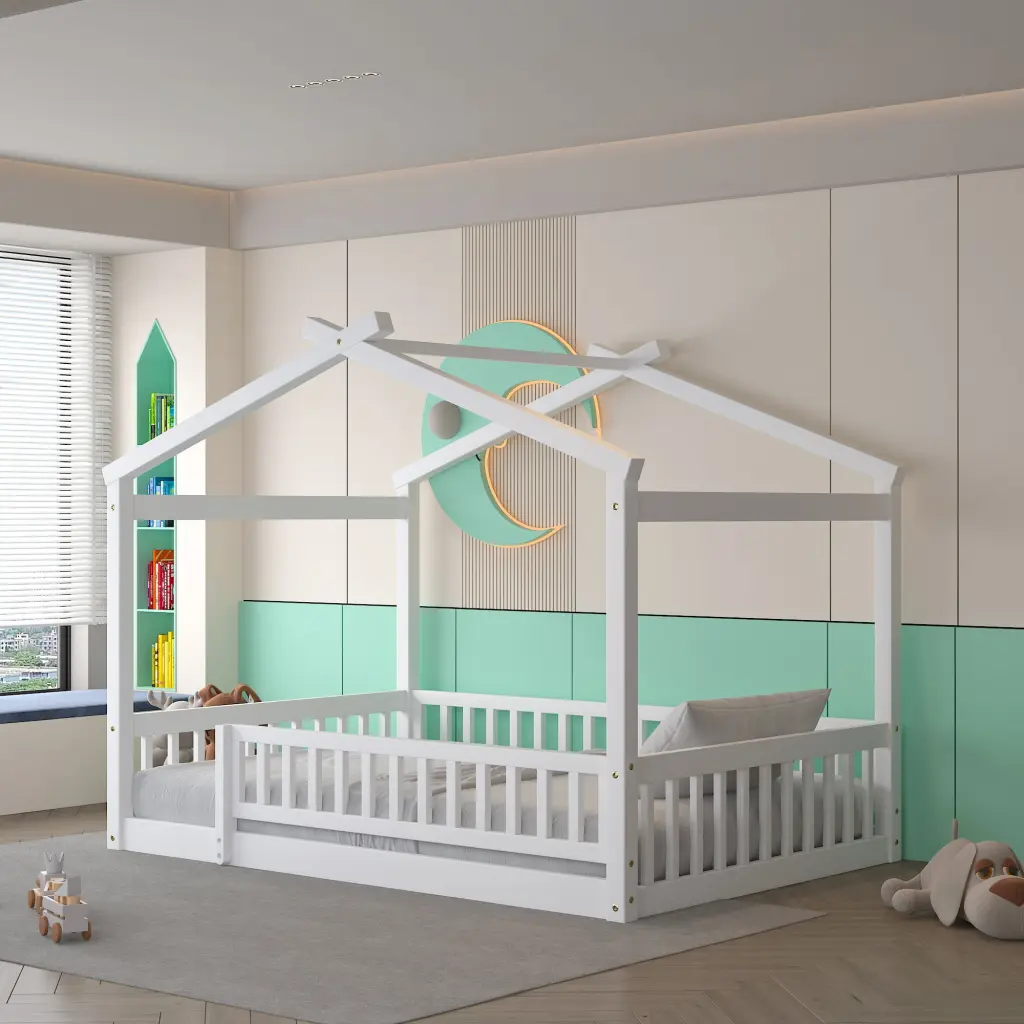 Full Size Wood Bed Frame Fence Kids Teens and Girls lucky furniture