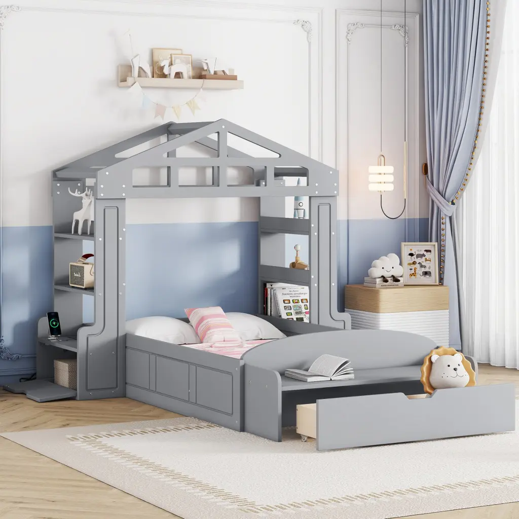 Twin Dimensions Houtilize Bed Bench Socket And Shelves Gray Solid Wood lucky furniture