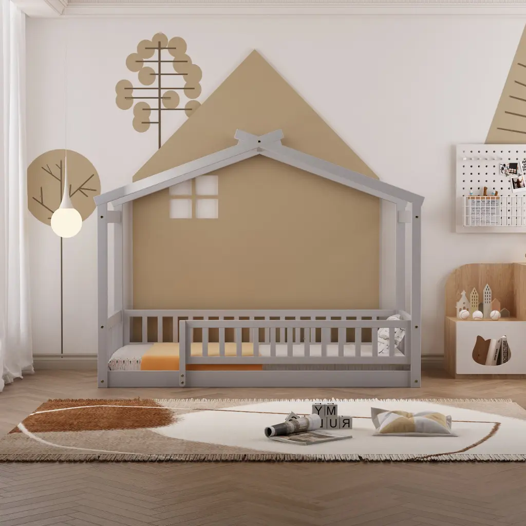 Twin Dimensions Timber Bed House Bed Frame Fence Kids Teens Girls lucky furniture