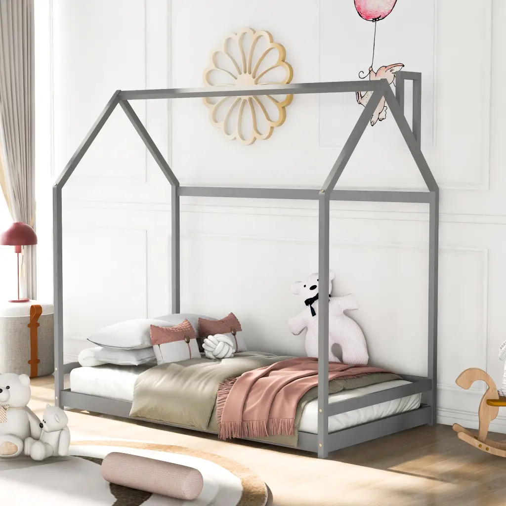 Twin Wooden Kids Bed Gray Solid Wood Storage lucky furniture
