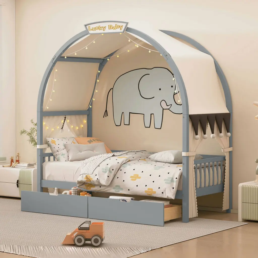Twin Size Bed Arched Roof and 2 Drawers, Gray Plywood Frame Kids and Teens lucky home