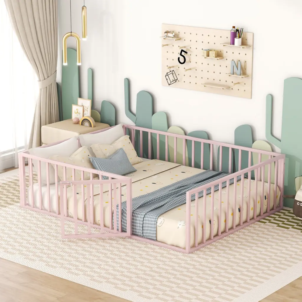 Queen Metal Floor Bed Frame Fence And Door Pink Sturdy Kids Bed lucky world