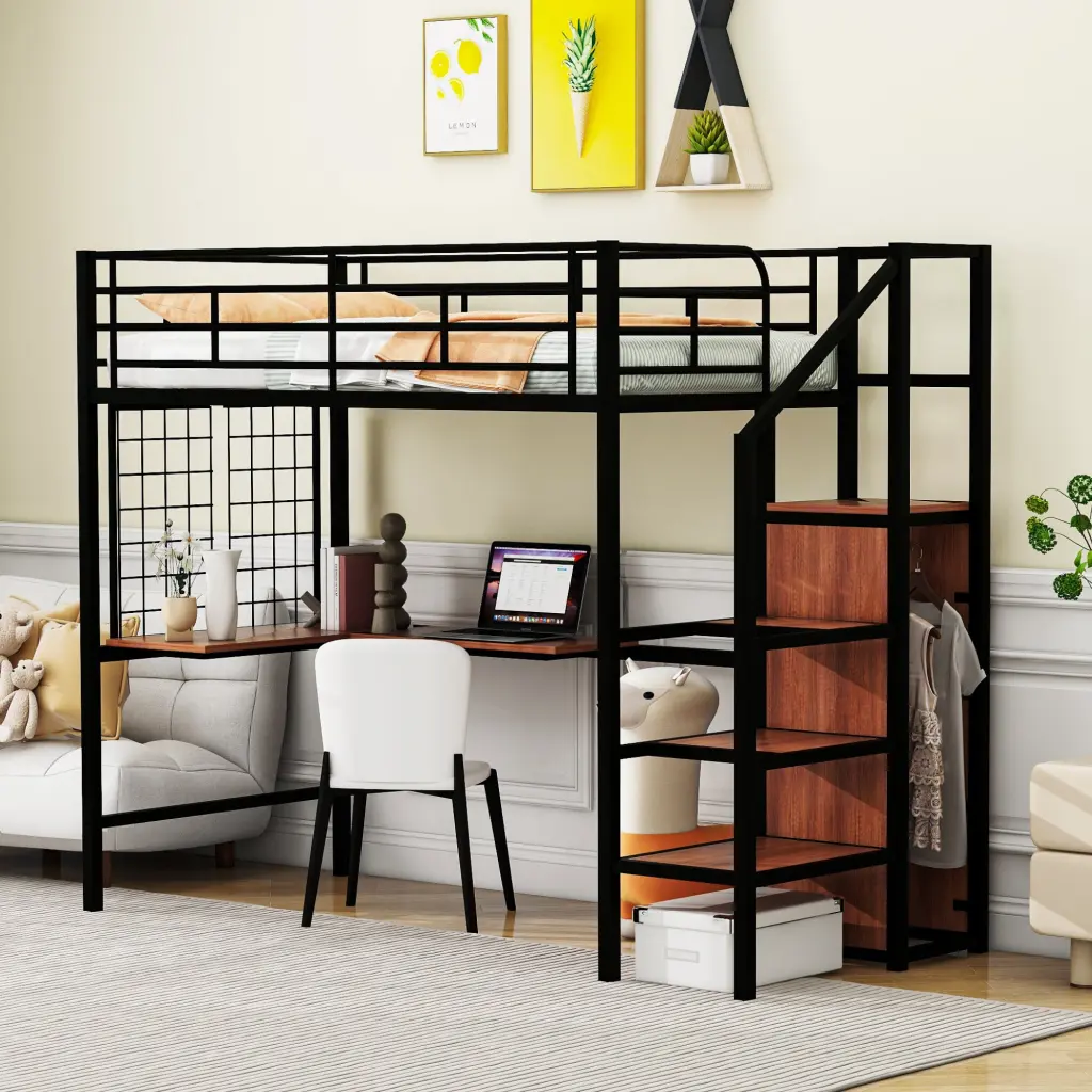 Twin Metal Loft Bed Desk And Metal Grid Chic Frame lucky world