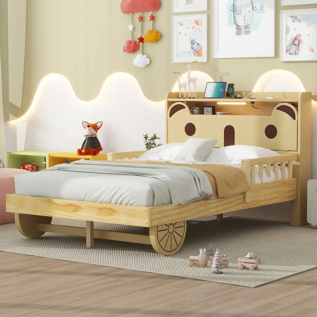 Full Size Car Bed Bear Headboard USB and LED Lights Natural Box wm store