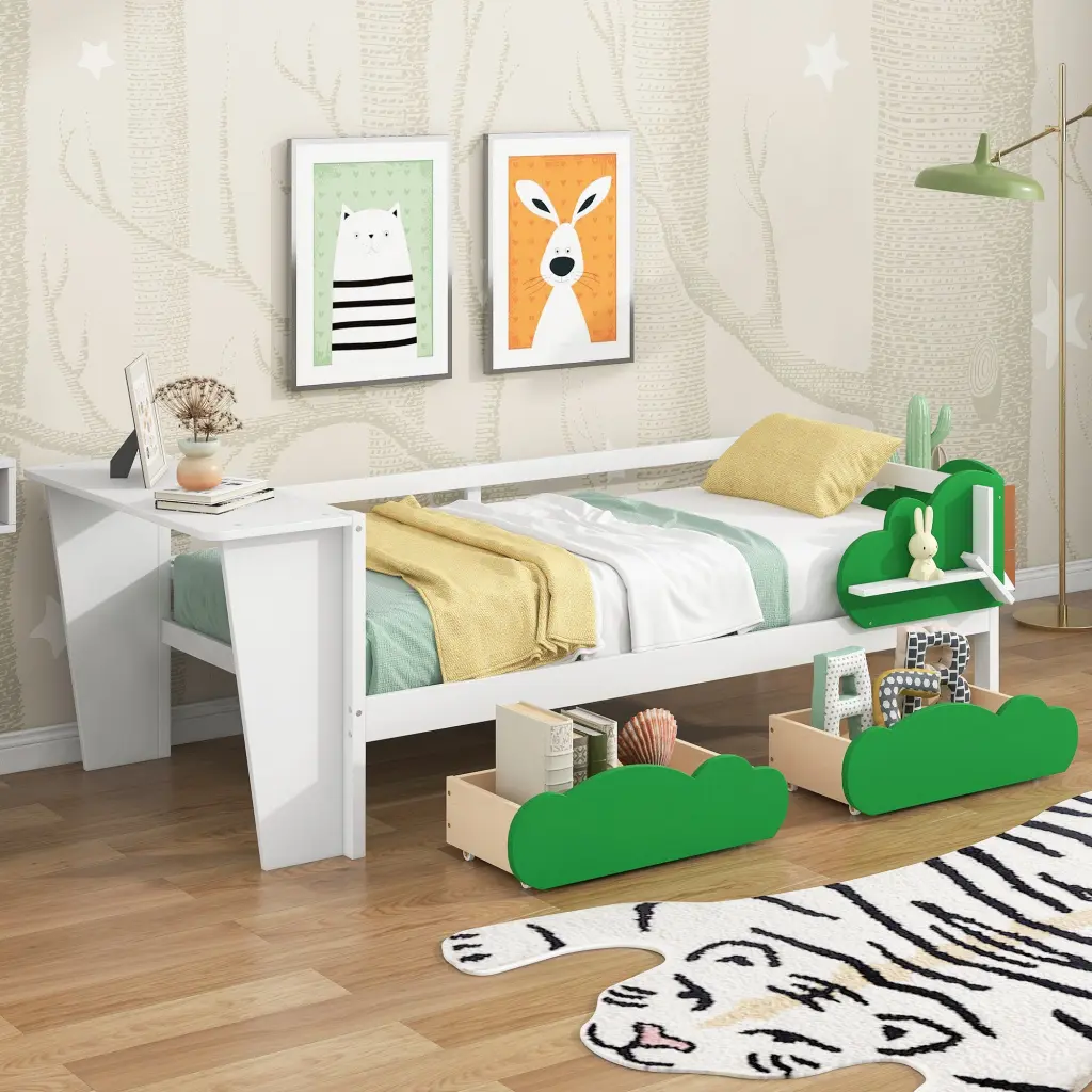 Twin Daybed Desk Green Leaf Design White Finish wm store