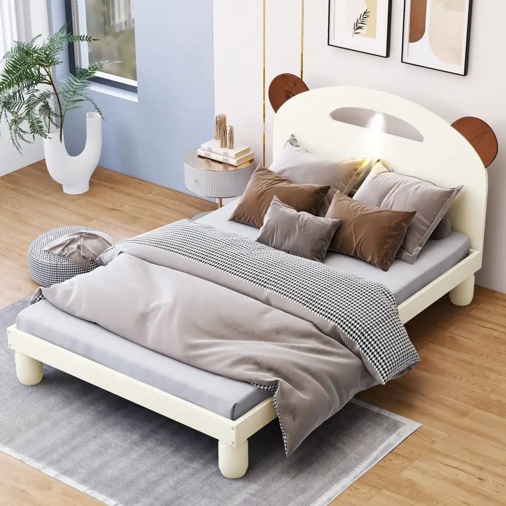 Twin Dimensions Platform Bed Bear Ears Headboard LED Lights Cream Modern Kids Bedroom Furniture wm store