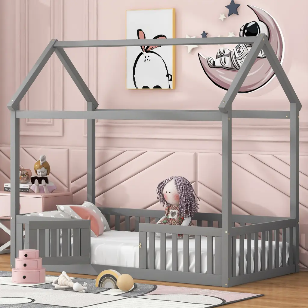 Twin Size Wood House Bed Fence and Door Gray wm store