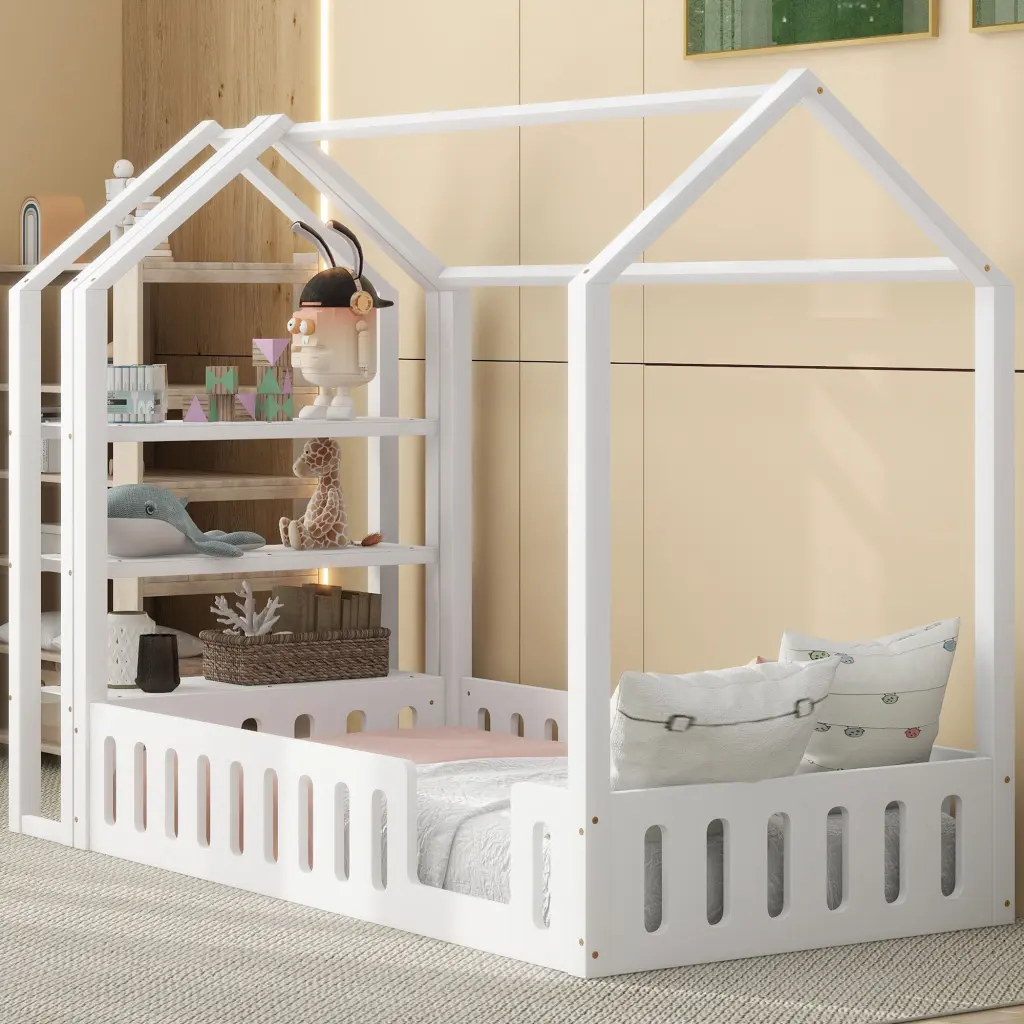 Twin Size Wood Utilize Bed Fence and Detachable Storage Shelves wm store