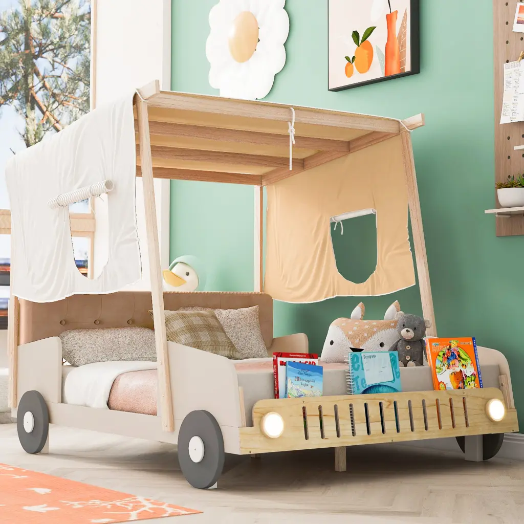 Wood Full Size Car Bed Pillow Canopy Cloth and LED Lights Natural Box wm store