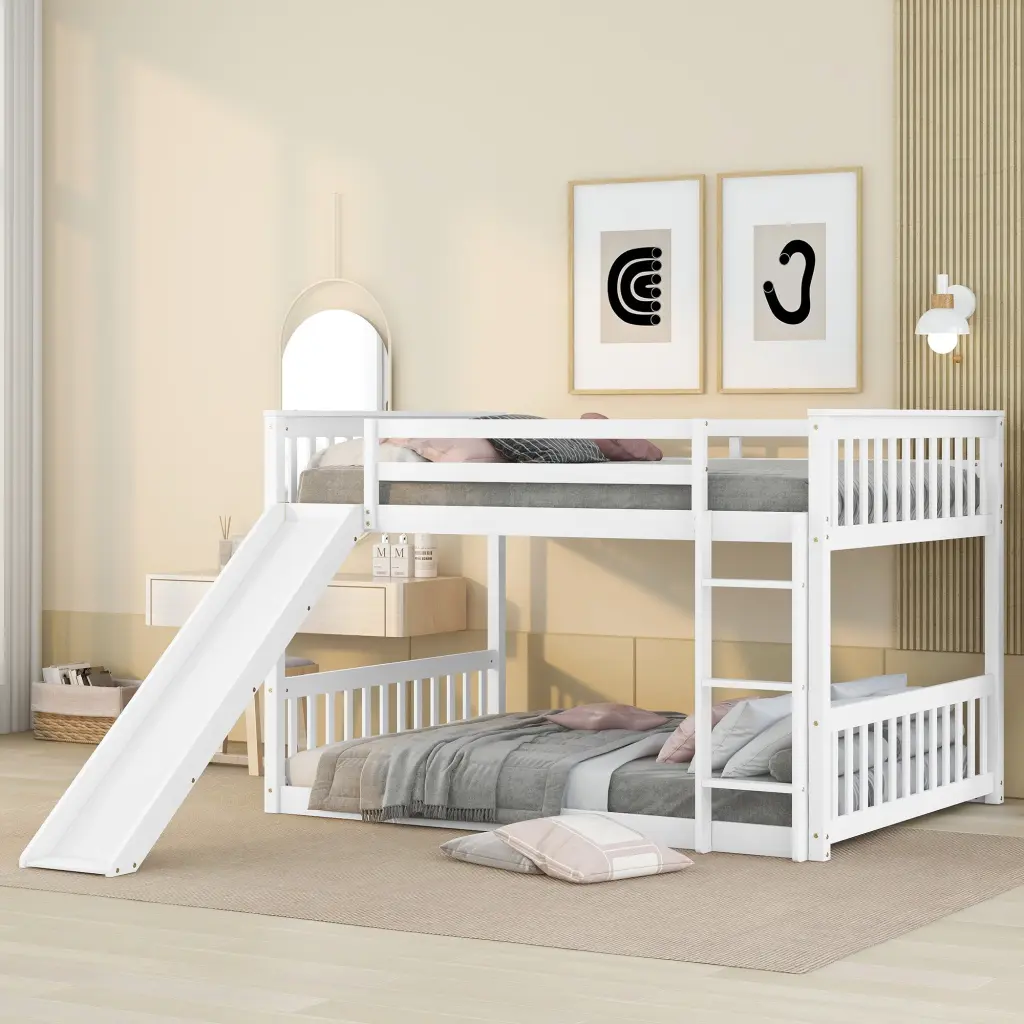 White Full Over Full Bunk Bed Slide and Ladder Kids fangxing