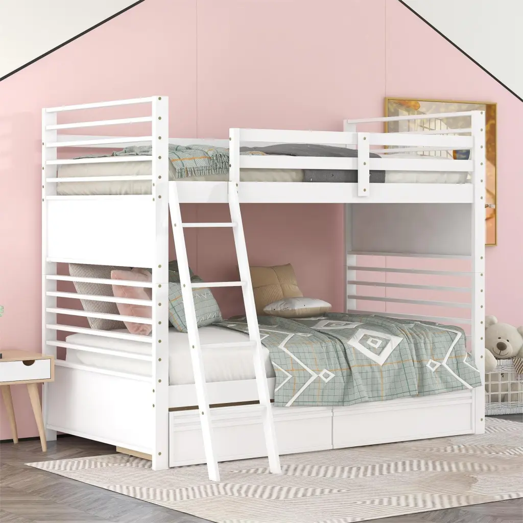 Twin Over Twin Wood Bunk Bed Two Drawers White Solid Wood Kids lucky furniture