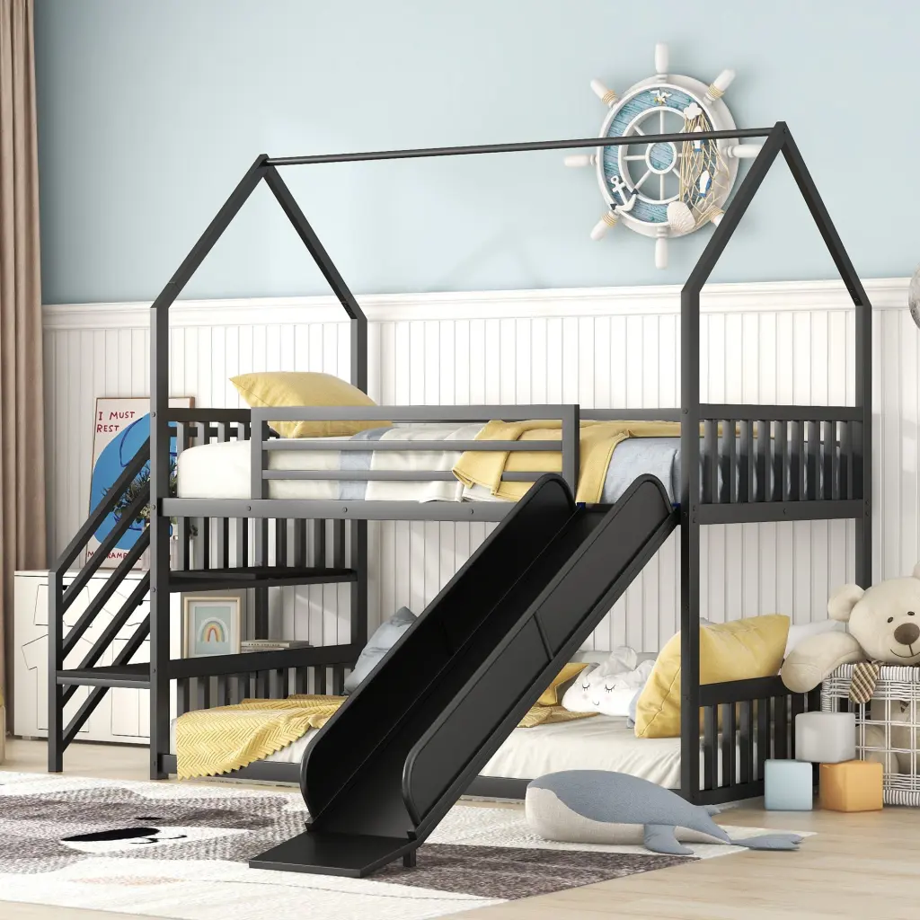 Twin Dimensions Metal Bunk Bed Slide and Staircase Kids Bed wm store