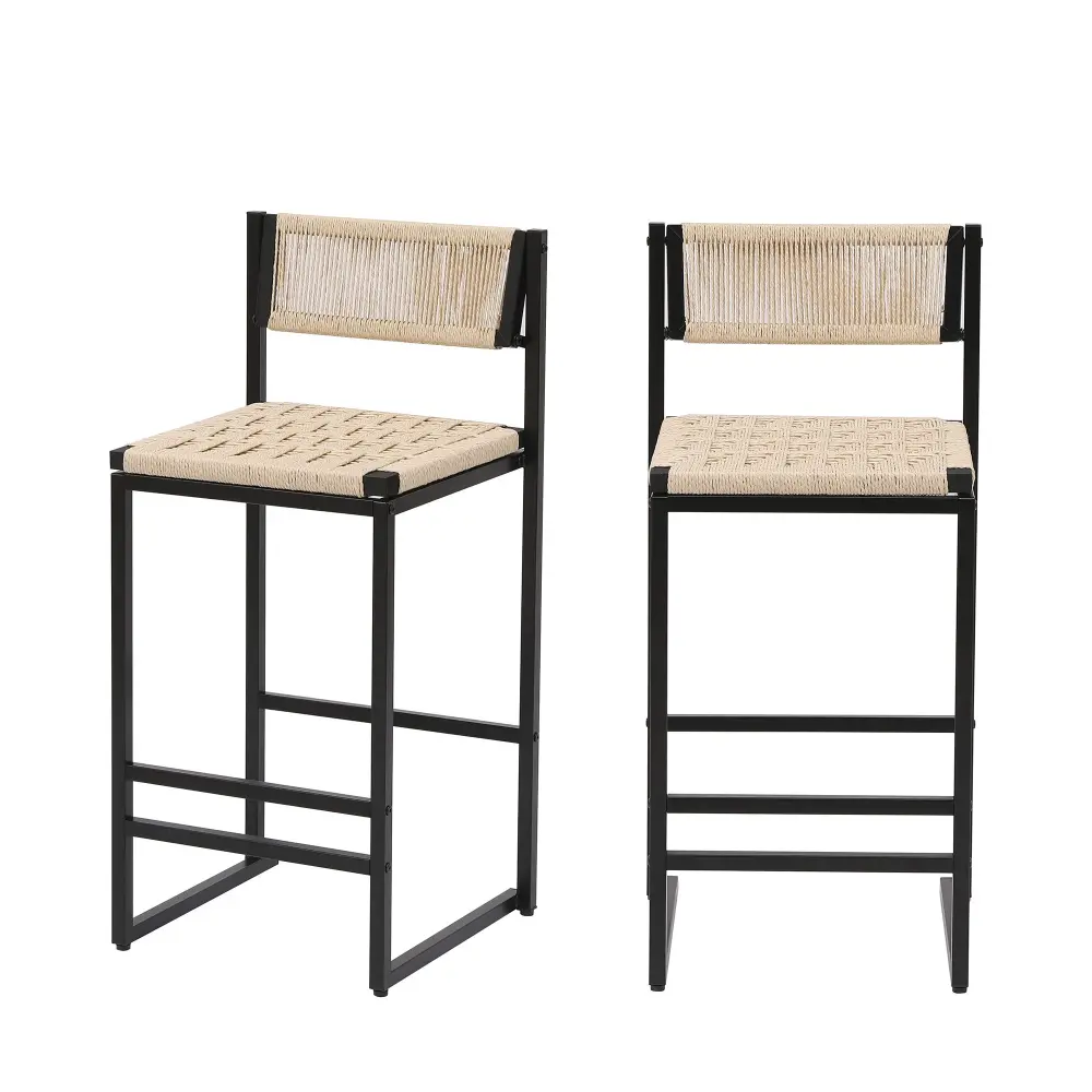 Style B, Woven Bar Stools Backrest, Paper Rope Weave Dining Chairs Kitchen Island - Creamy Snow