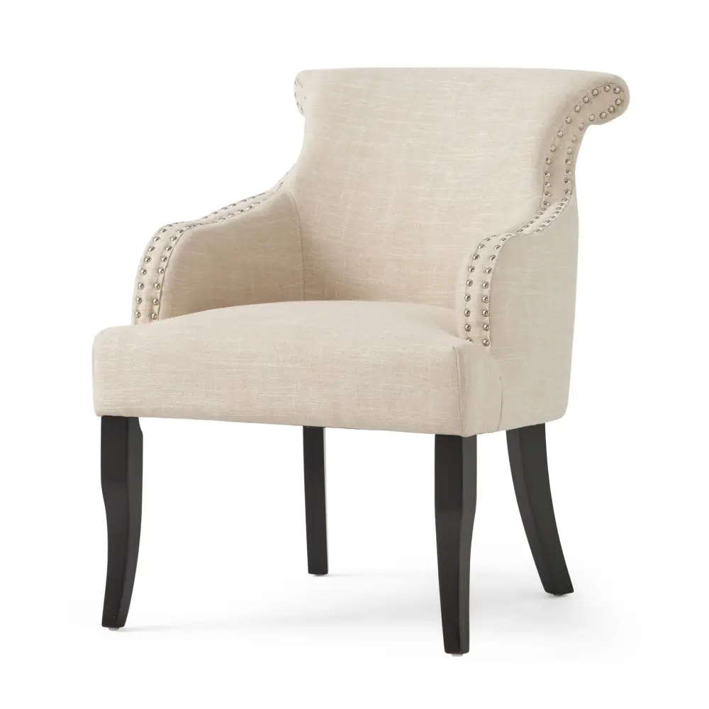 Upholstered Armchair Rolled Back, Tapered Legs And Nailhead Trim - Light Ecru