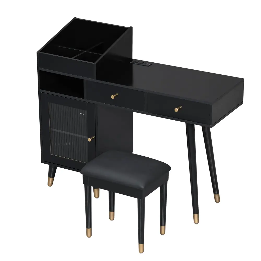 Modern Makeup Vanity Desk Drawers Cabinet & Charging Port Engineered Wood Space Saving Design Small Places - Black