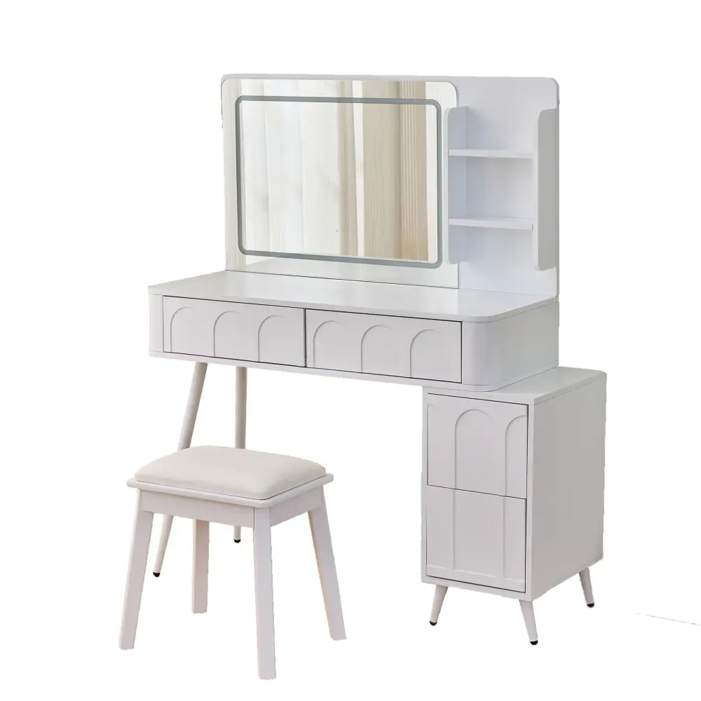 Modern Makeup Vanity Desk LED Lights & Mirror 4 Drawer Dressing Table Set Space Saving Bedroom - White