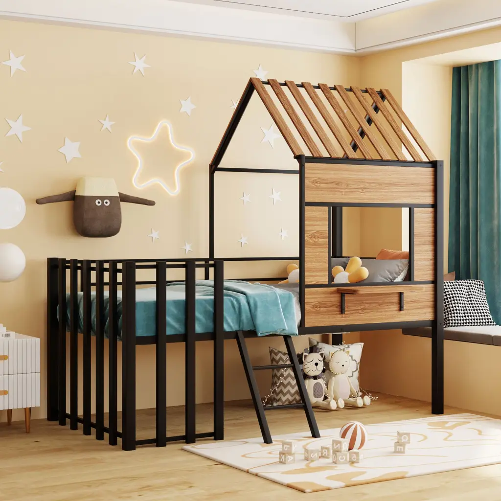 Black Metal Twin Loft Bed Roof, Window and Guardrail - Space Saving Design lucky furniture