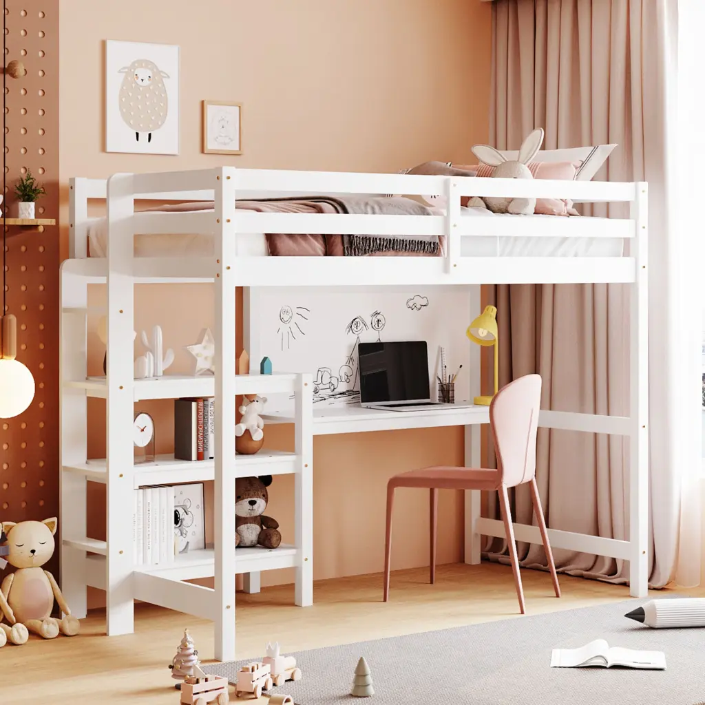 Twin Wooden Loft Bed Shelves Desk And Writing Board White Finish lucky furniture