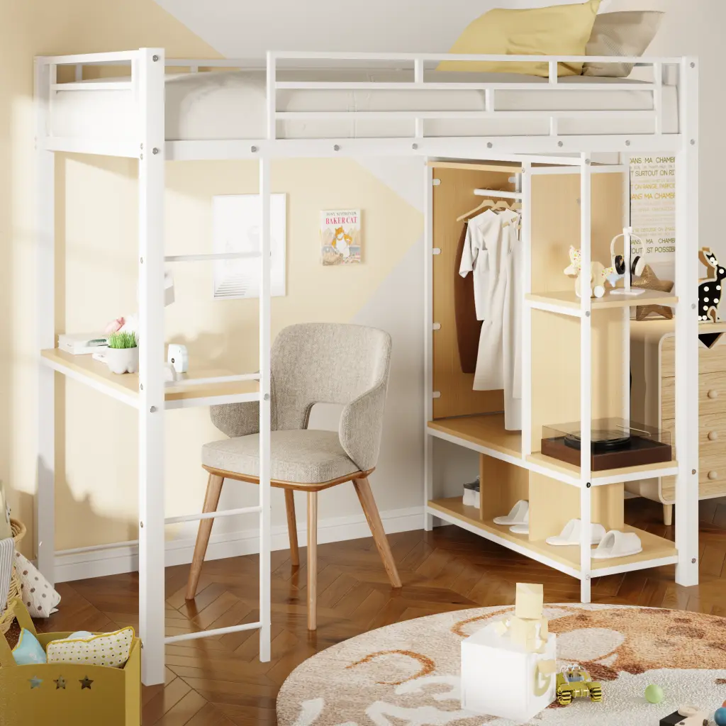 Twin Dimensions Metallic Loft Bed Built Wardrobe Desk And Shelves White wm dreamland