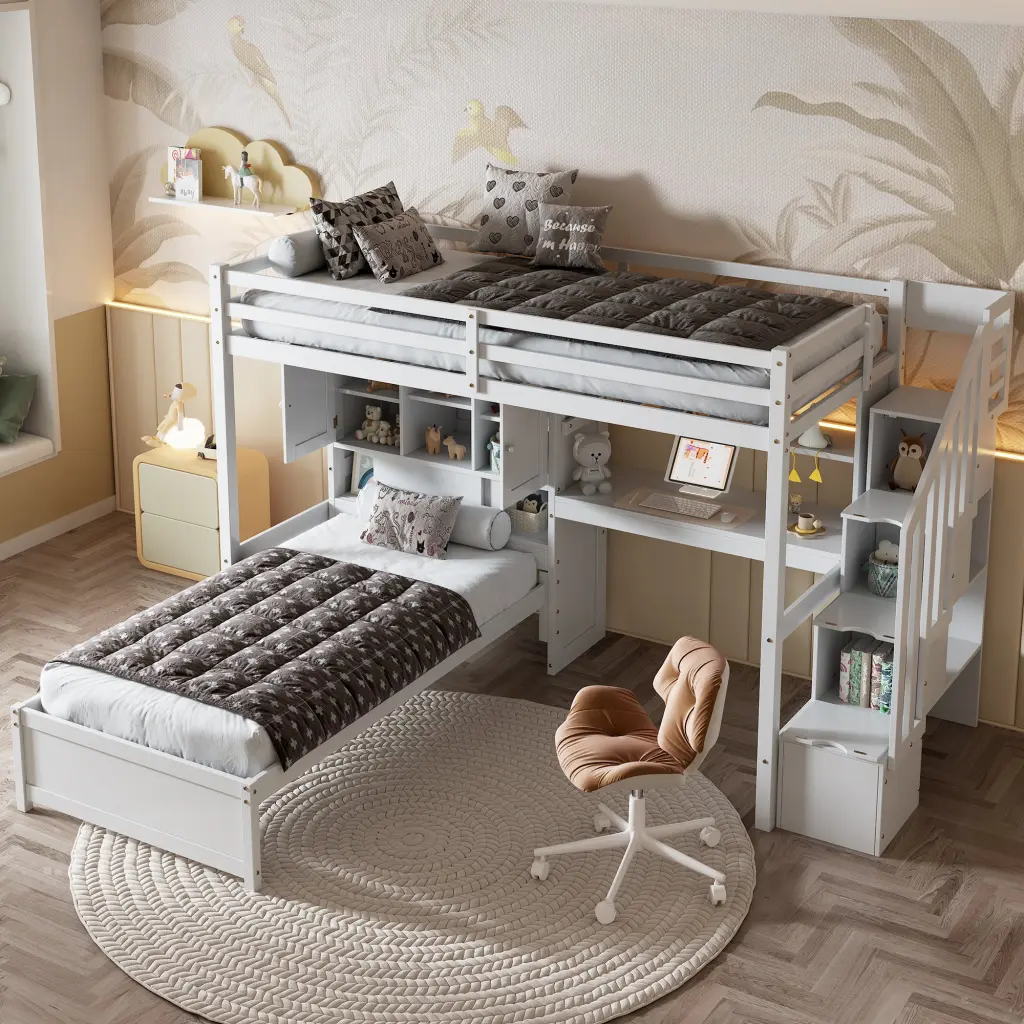 Twin Over Twin Loft Bed Built- Desk Staircase and Storage wm store
