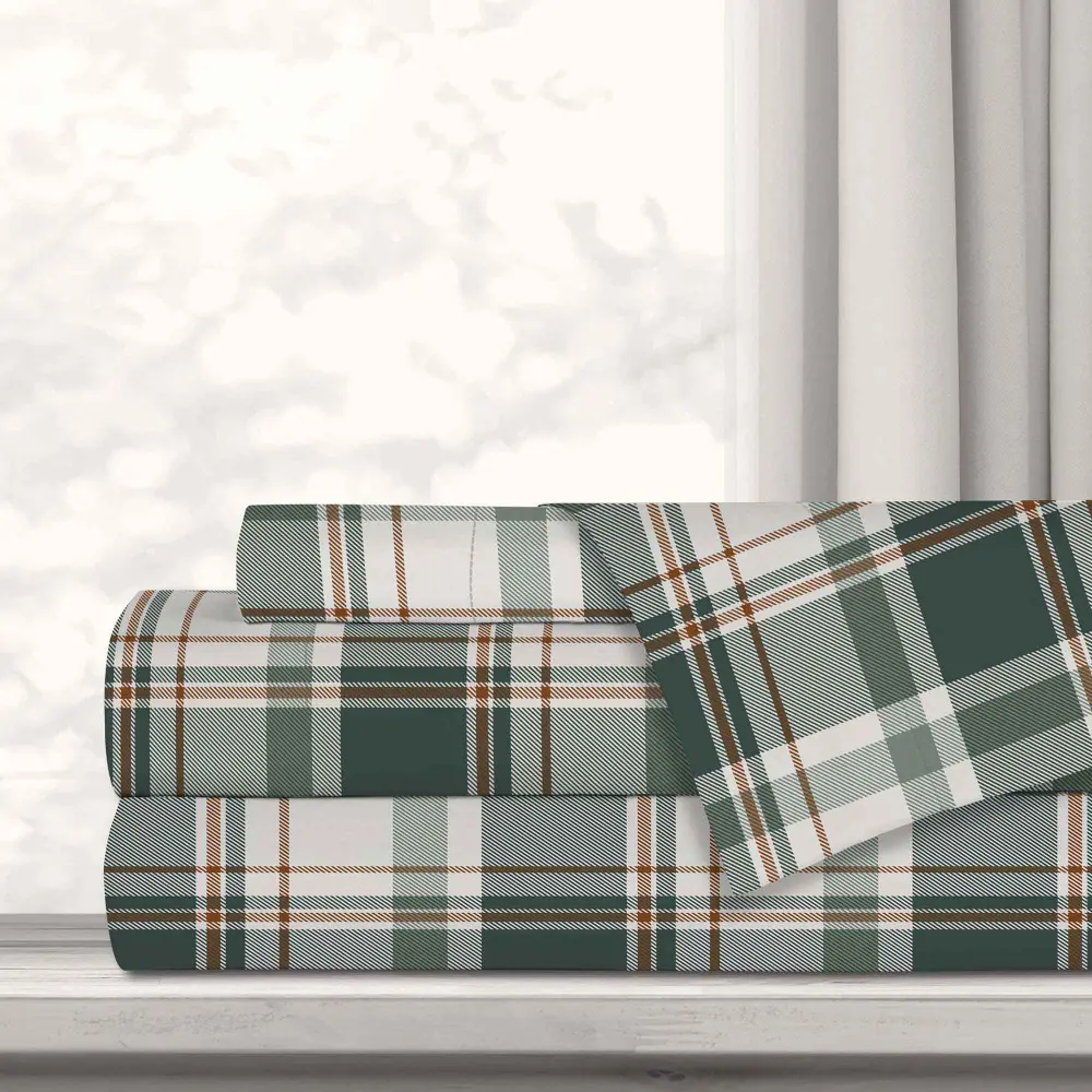 Microfiber Queen Sheet Place Green Pine Plaid Print, 4-Piece