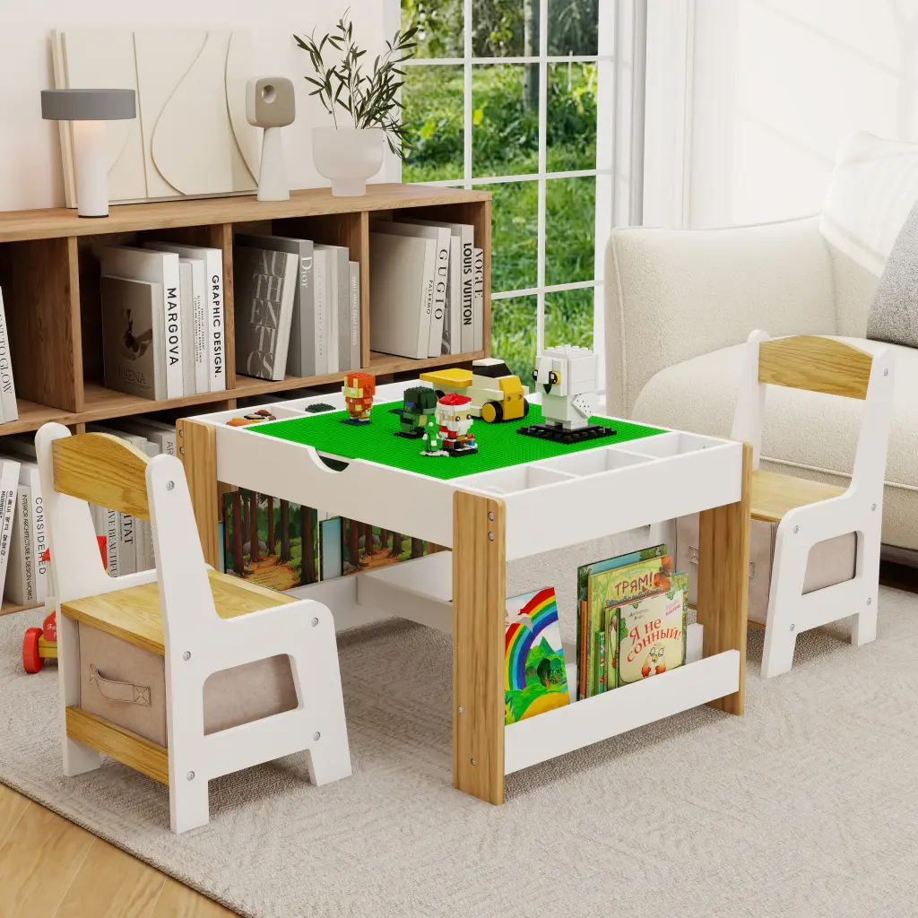 Kids 2 1 Gaming Table & 2 Chairs Set 7 Storage Compartments Compact Design cl worthy houseware co.-ltd.