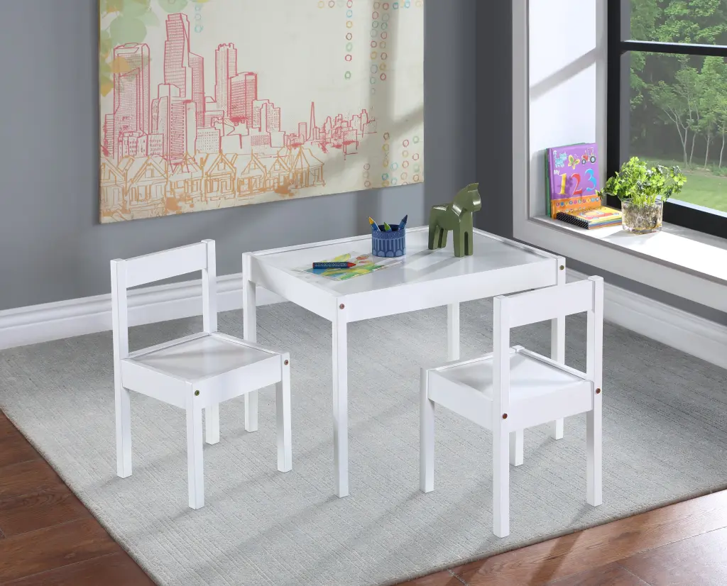 Della 3 Piece Solid Wood Kids Table And Two Chair Set White simple living