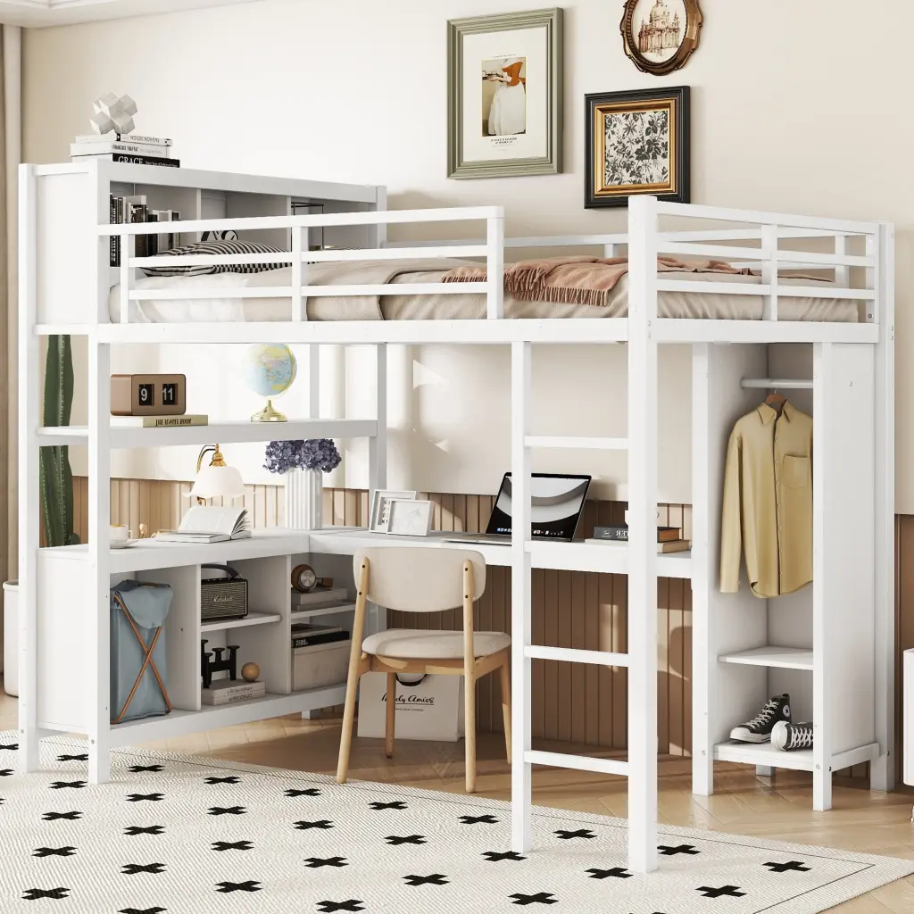 Metallic Loft Bed Wardrobe And L Shaped Desk Full Dimensions Multi Functional bonwell