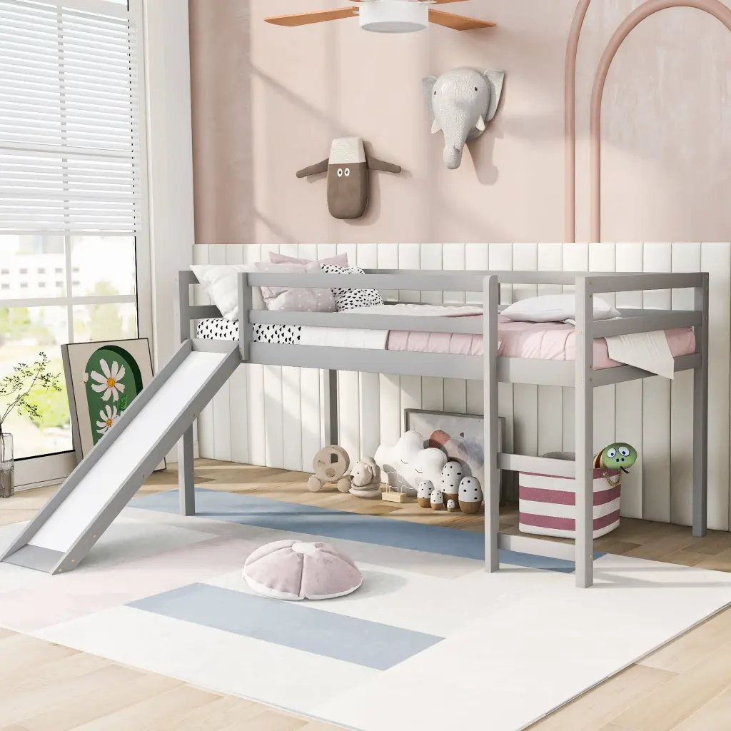Loft Bed Slide Multifunctional Design Twin Gray Wardrobe lucky furniture