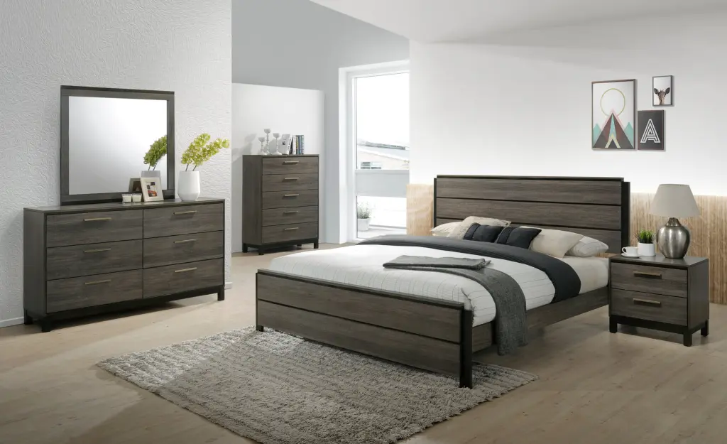 Ioana Antique Grey Finish Wood Bedroom Set King Size Bed Dresser and Mirror hz
